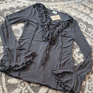 Blue Buttercup lace-up ruffled blouse, blue grey, size XL NWT!